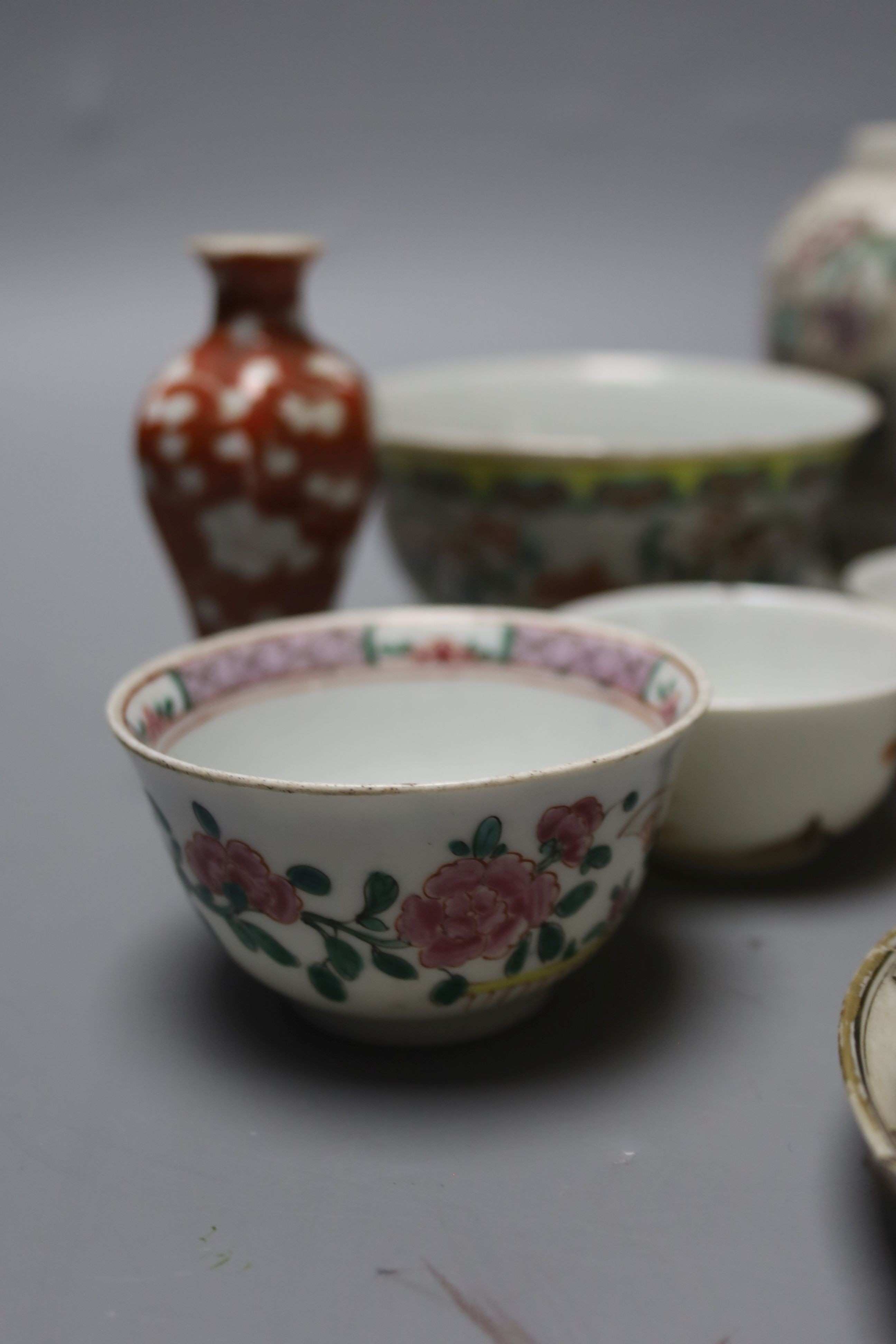 A group of Chinese enamelled porcelain vases and bowls, a similar blue-and-white jar and cover, 18th century and later